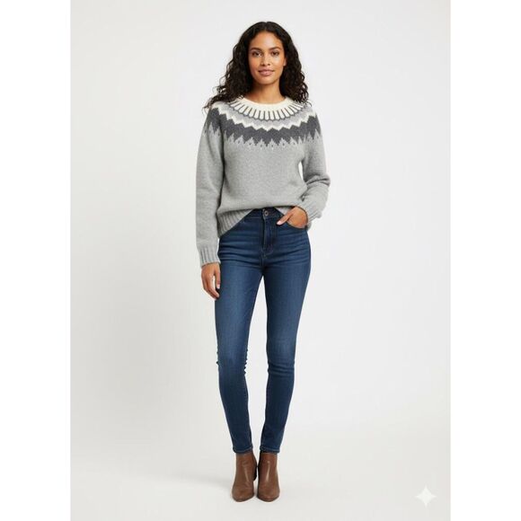 White Stag Fair Isle Angora Lambs Wool Sweater Women’s Medium Ski Gray Ivory - Picture 1 of 6